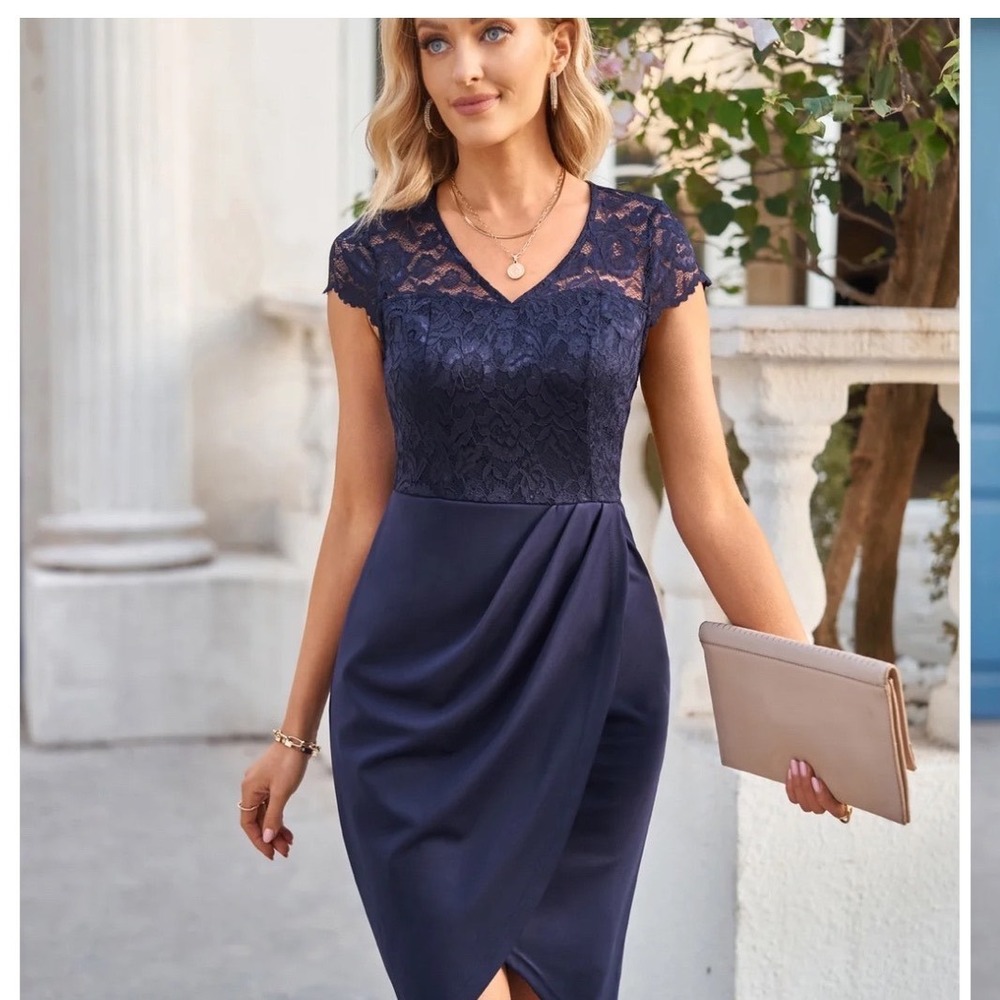 Kate Kasin Cocktail Dress Women Large Navy Blue Lace V-Neck Midi NEW